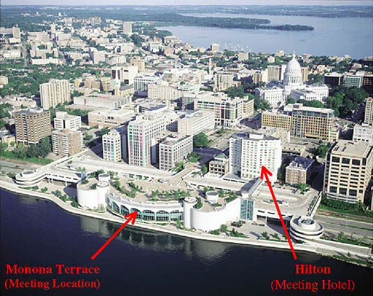 Aerial View of Madison showing state capitol, Hilton Hotel, and Monona Terrace Convention Center